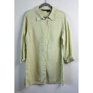 Willi Smith 100% Linen Button Down Longline Shirt Womens L Lime Yellow Lagenlook